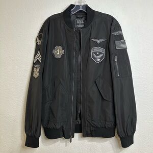 CSG Men's Black Bomber Jacket Military Patches Size S/P